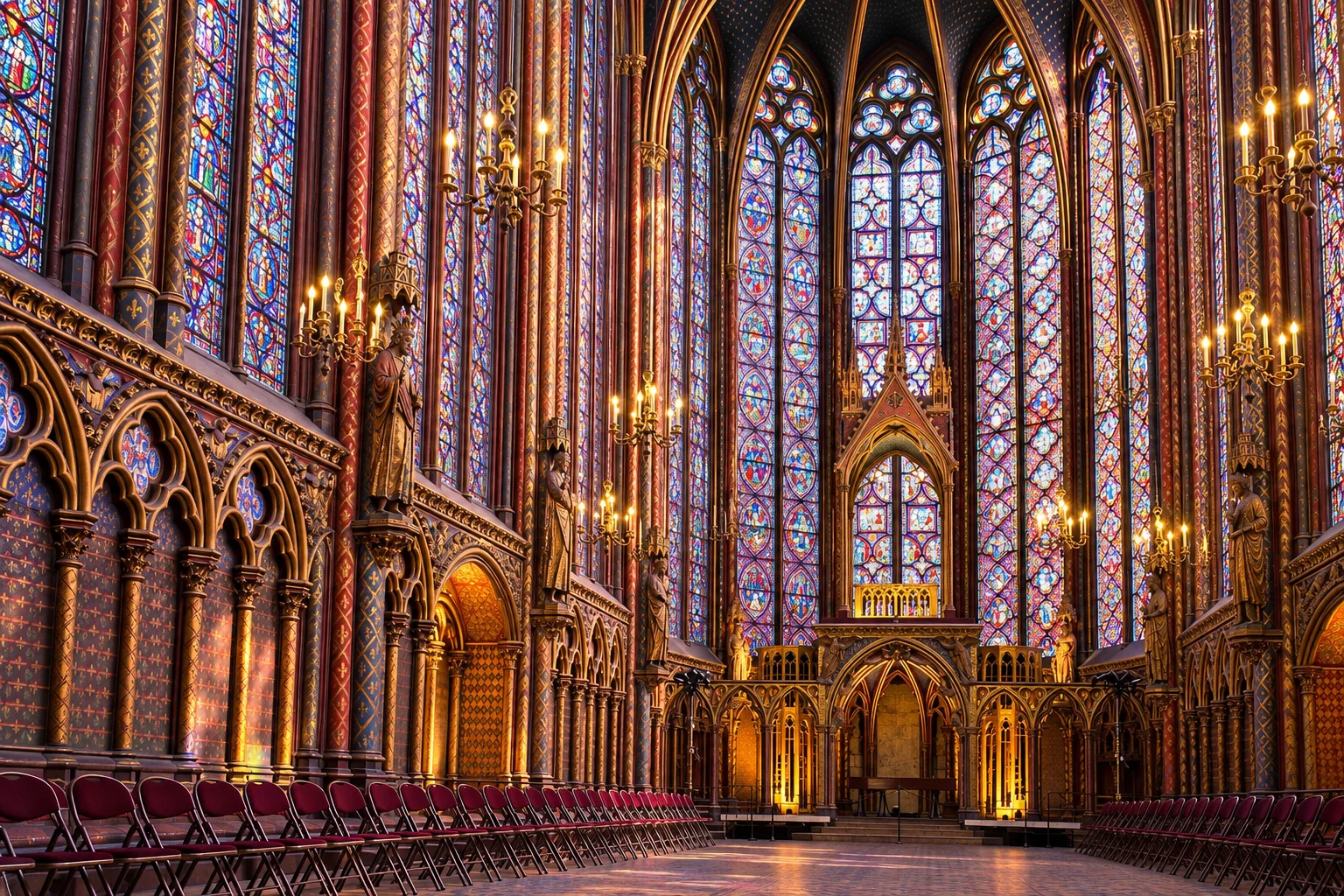 Nachmittagslicht beleuchtet die Buntglasfenster und vergoldeten Details der Sainte-Chapelle